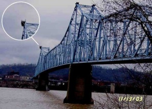 A photo of Silver Bridge prior to its collapse, supposedly showing Mothman perched on top